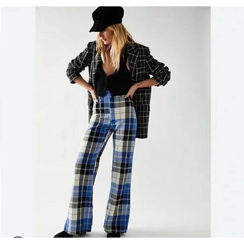 Free People Blue Plaid Flare Pants
